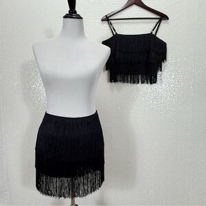 AKIRA Black Fringe Skirt Set Crop Top Tassel Fringe Dance Party Festival Outfit